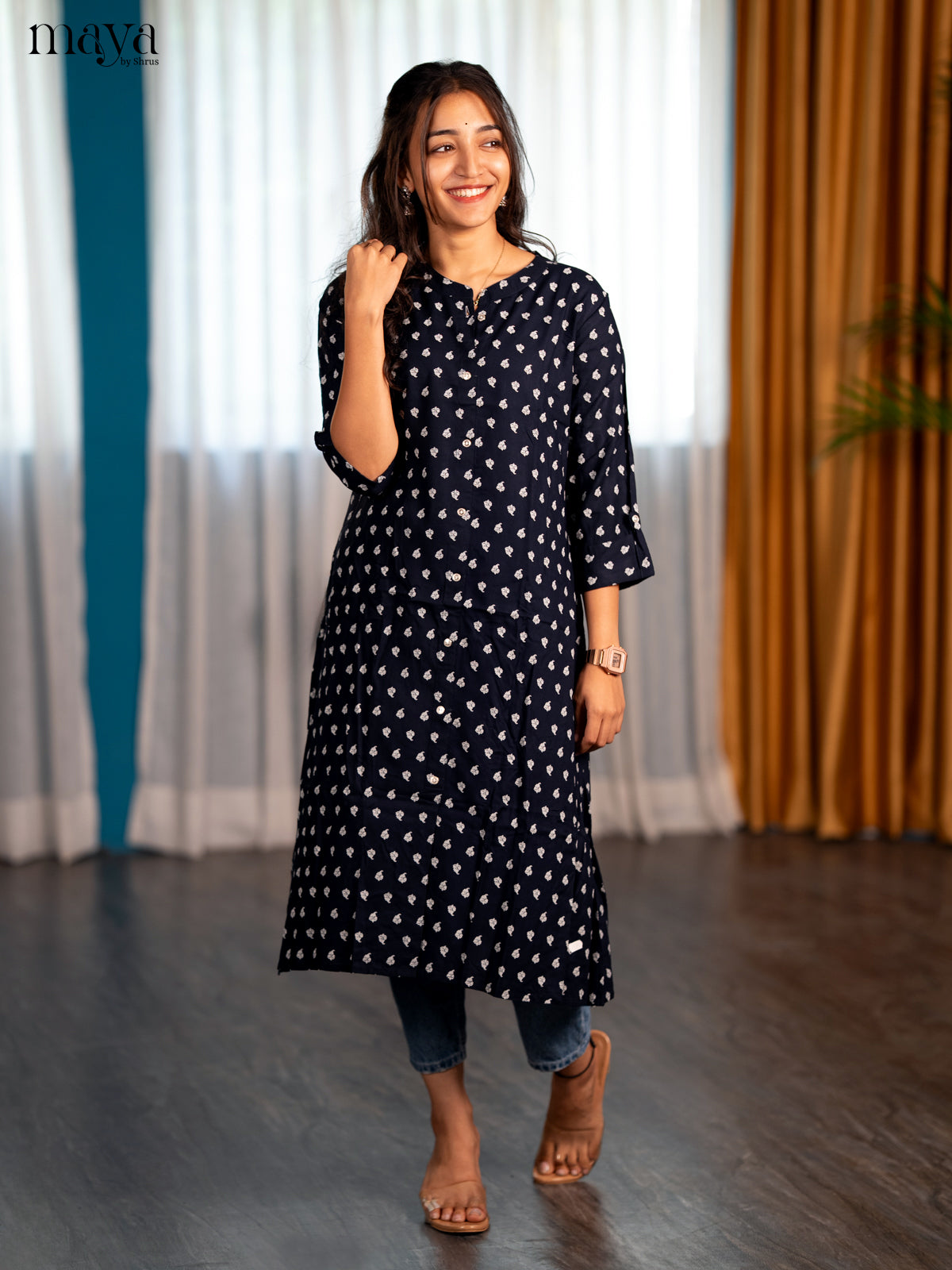 Navy Blue Floral Printed rayon Print Rayon A - Line Kurti