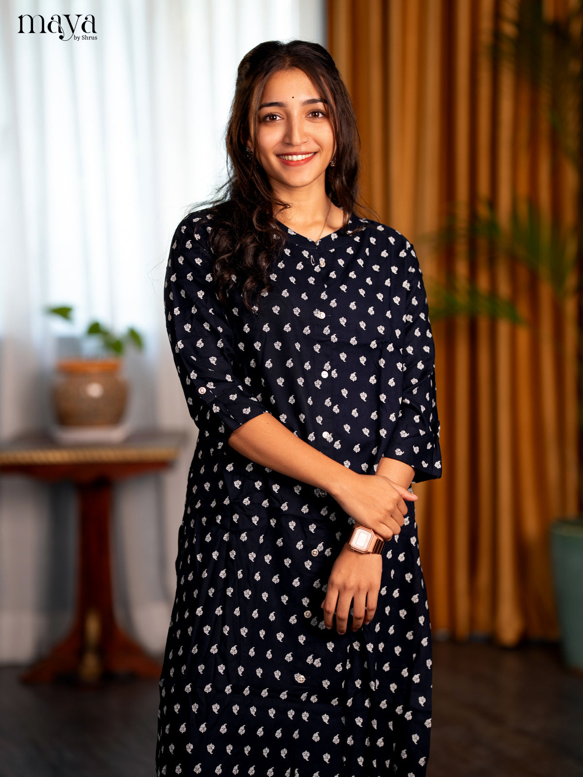 Navy Blue Floral Printed rayon Print Rayon A - Line Kurti