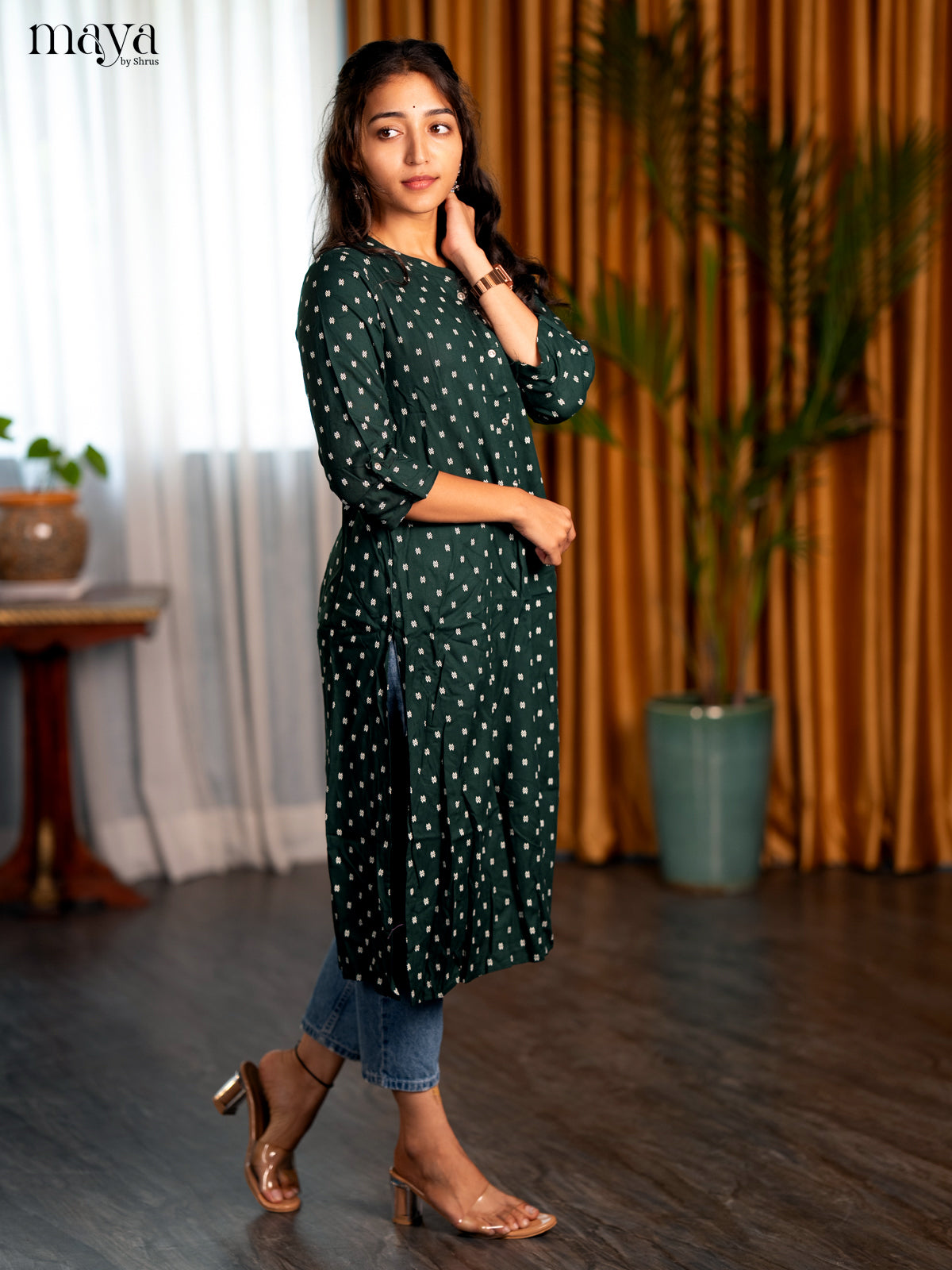 Green Floral Printed Rayon A - Line Kurti