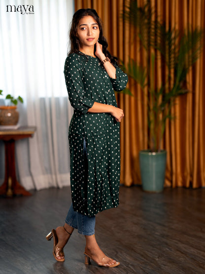 Green Floral Printed Rayon A - Line Kurti