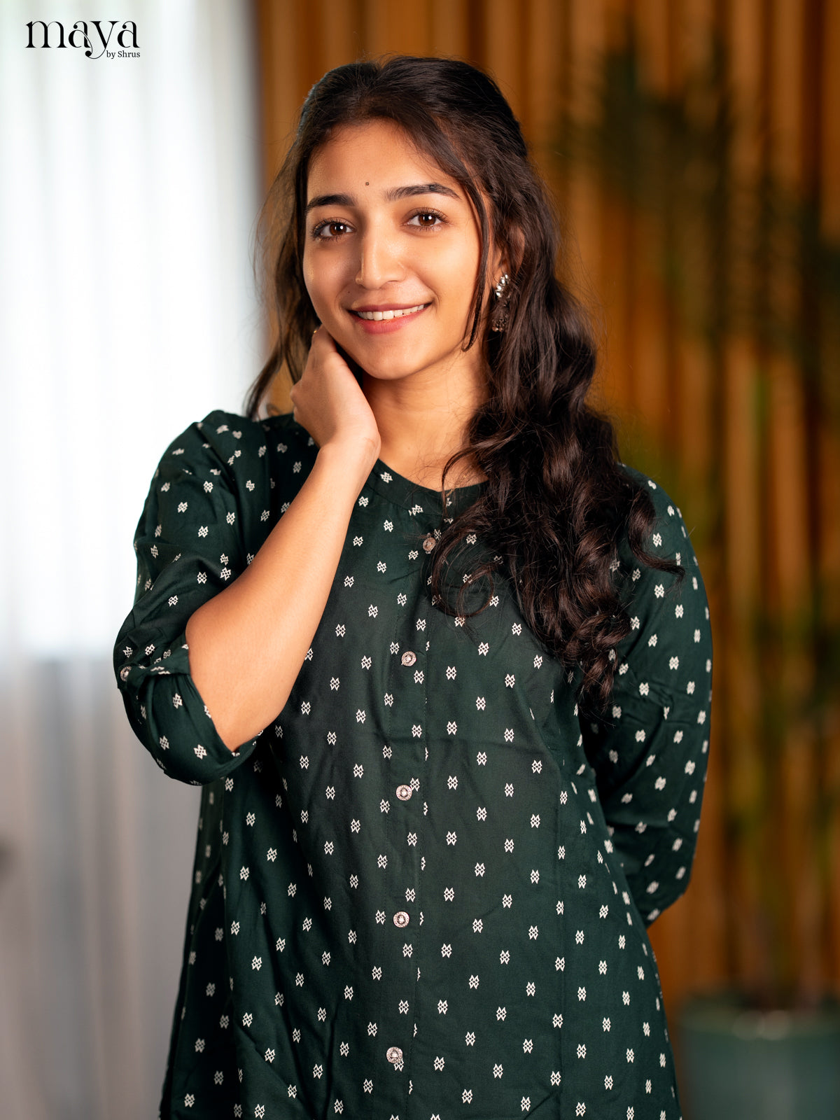 Green Floral Printed Rayon A - Line Kurti