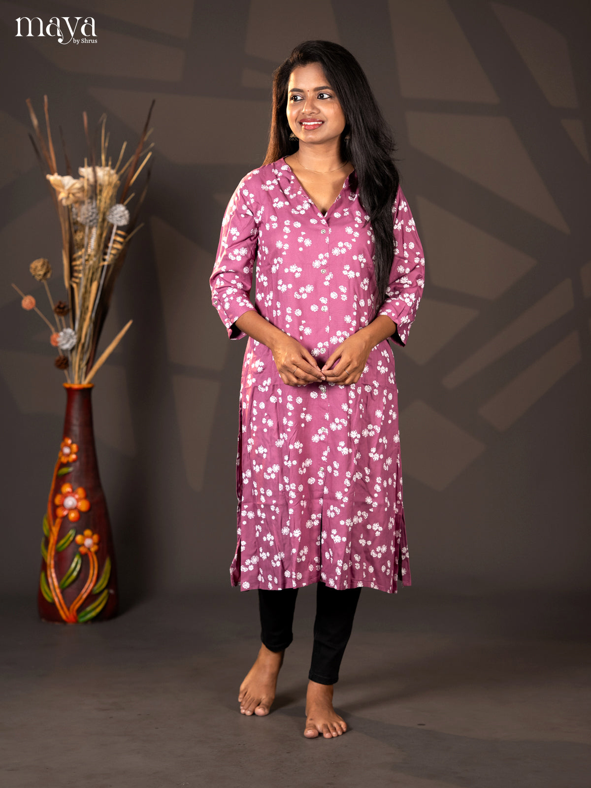Onion Pink Floral Printed Rayon A- Line Kurti