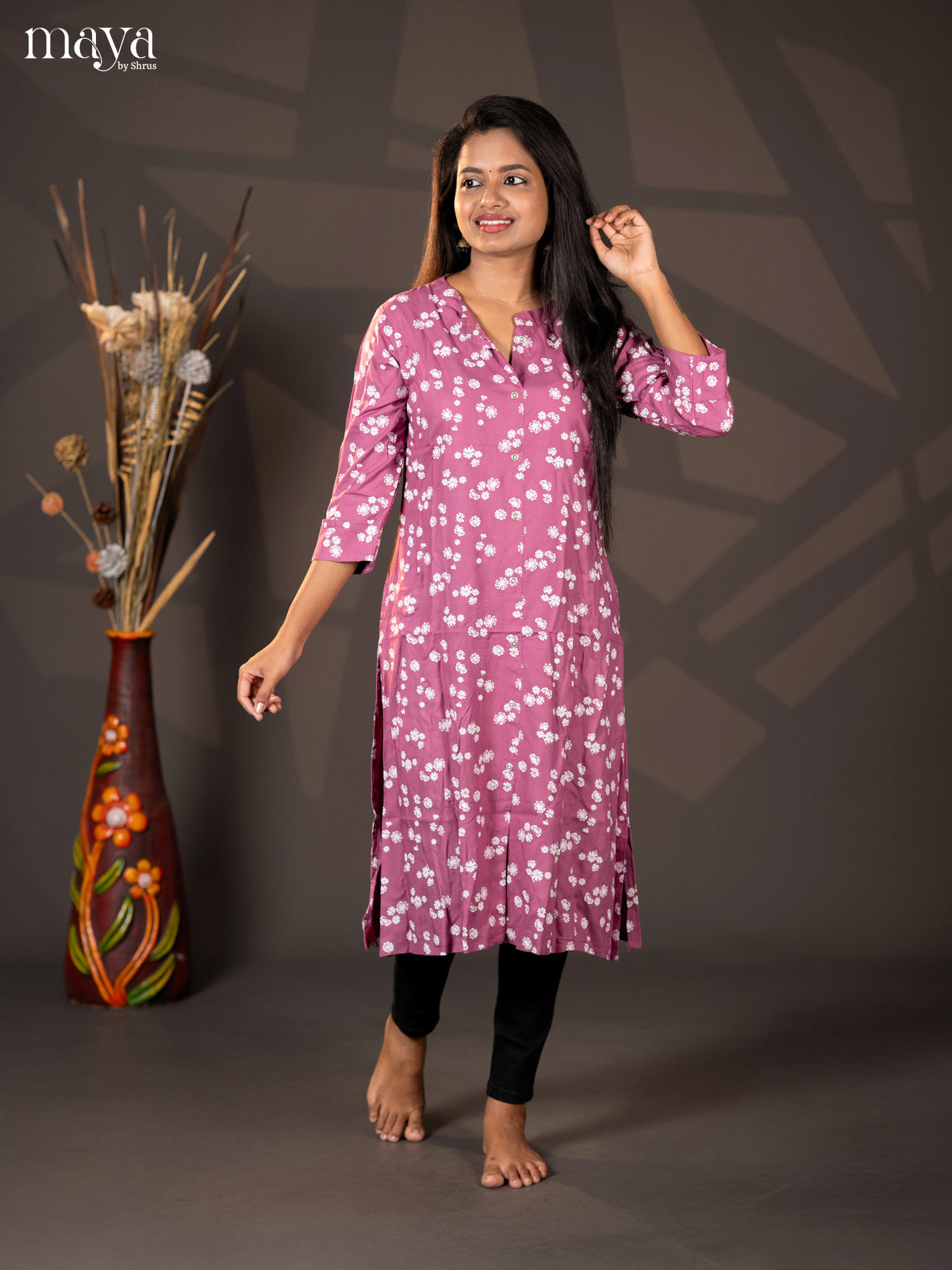Onion Pink Floral Printed Rayon A- Line Kurti