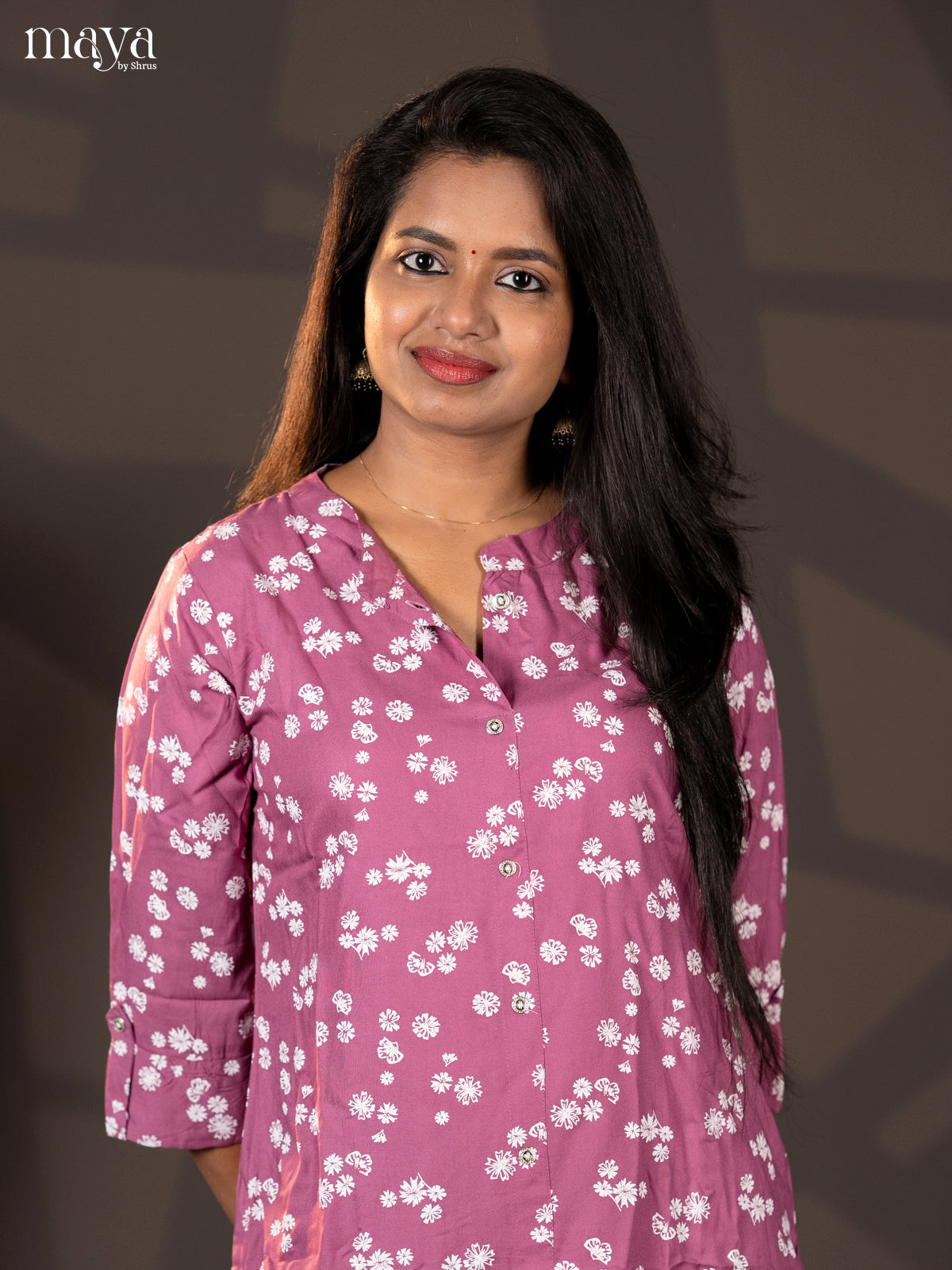 Onion Pink Floral Printed Rayon A- Line Kurti