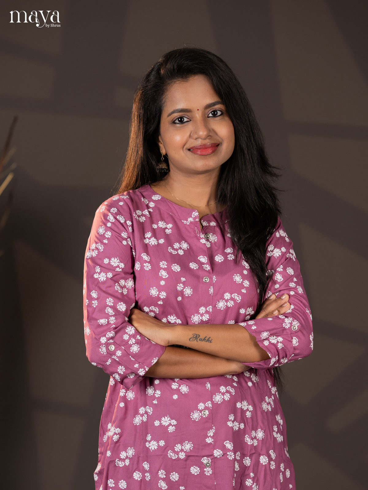 Onion Pink Floral Printed Rayon A- Line Kurti
