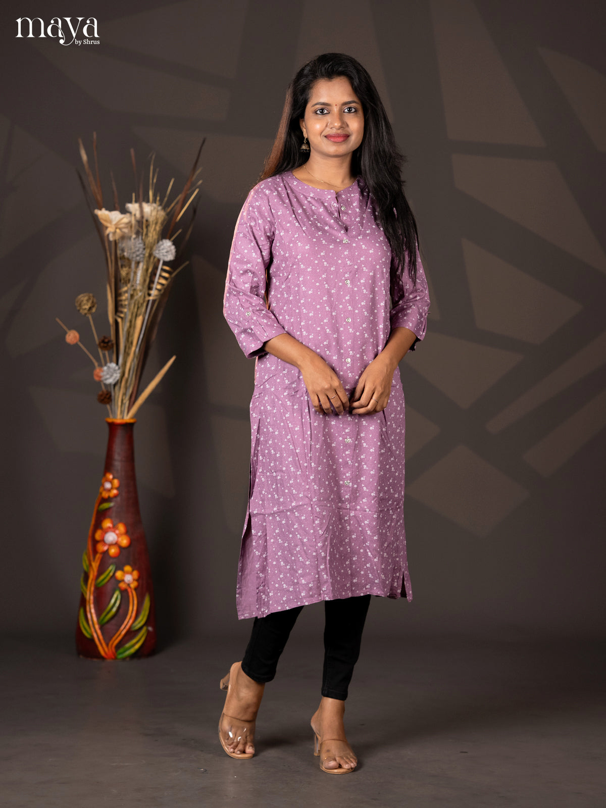 Onion Pink Floral Printed Rayon A- Line Kurti
