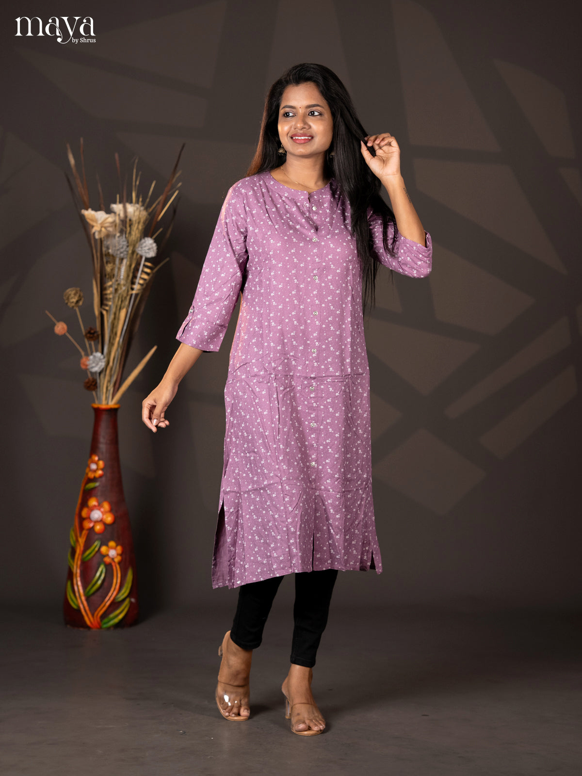 Onion Pink Floral Printed Rayon A- Line Kurti
