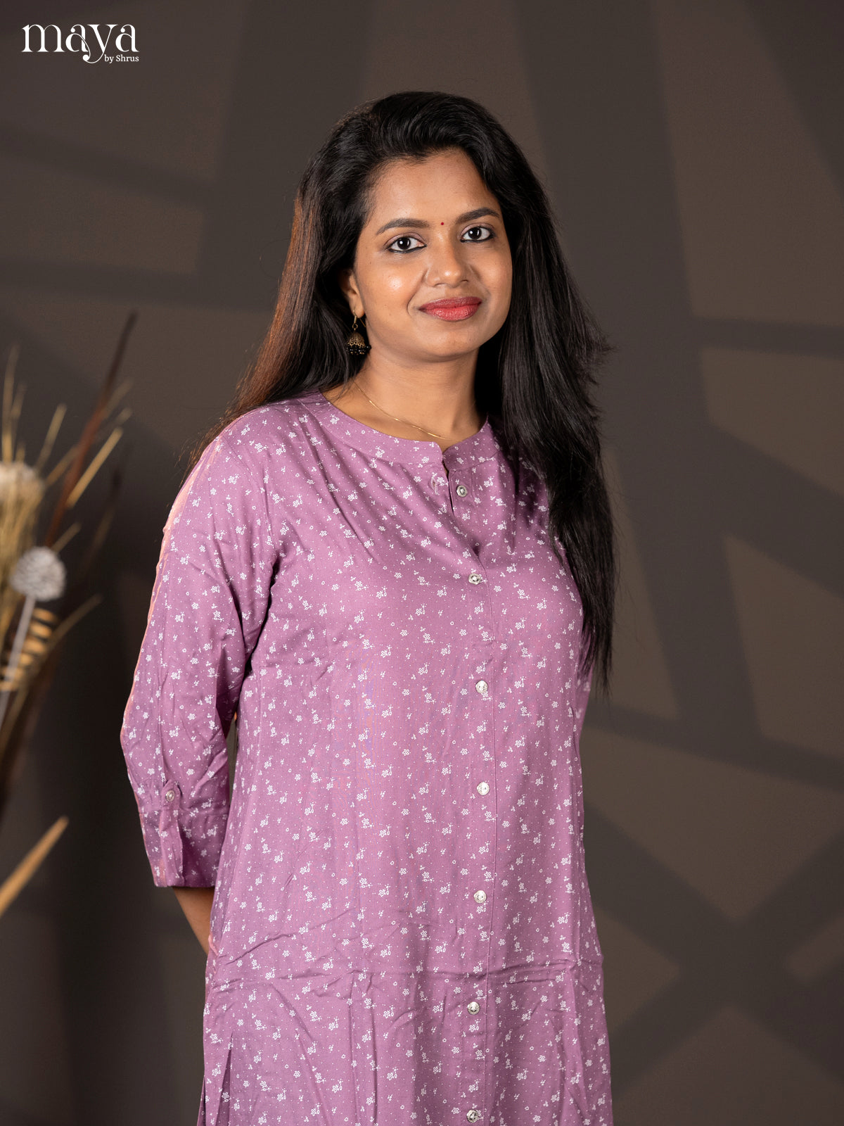 Onion Pink Floral Printed Rayon A- Line Kurti