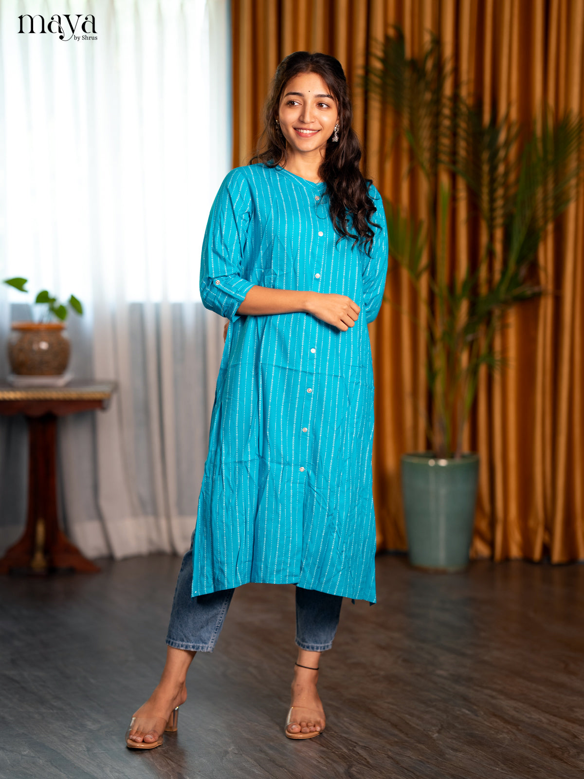 Sky Blue Geometric Printed Rayon A - Line Kurti