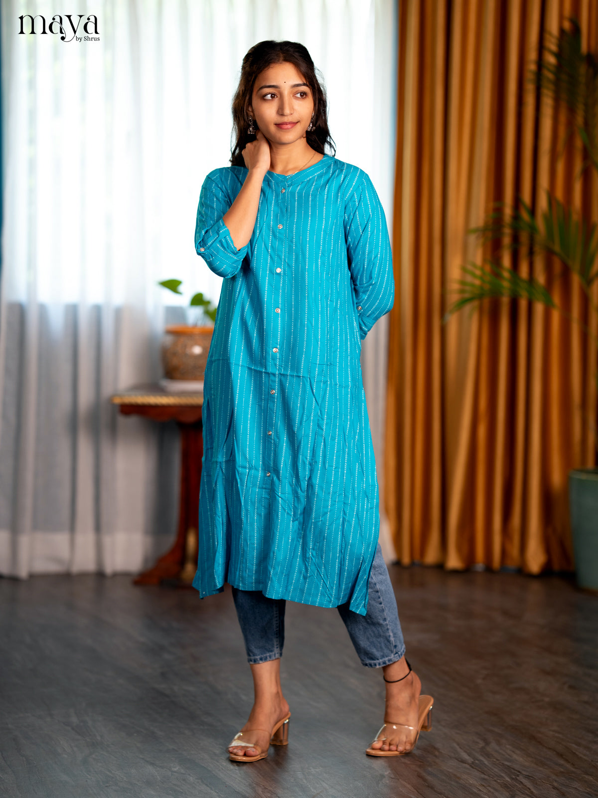 Sky Blue Geometric Printed Rayon A - Line Kurti