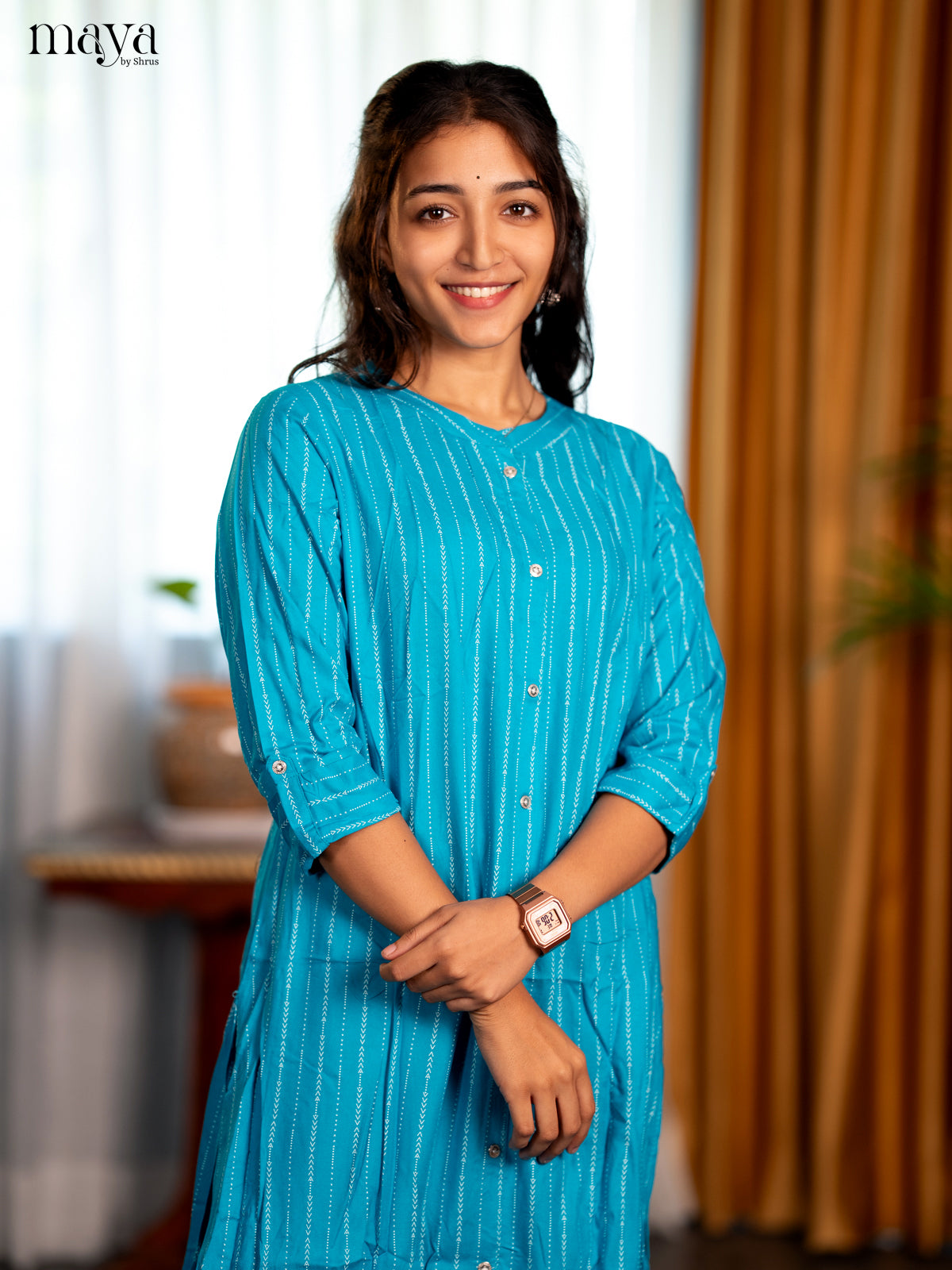 Sky Blue Geometric Printed Rayon A - Line Kurti