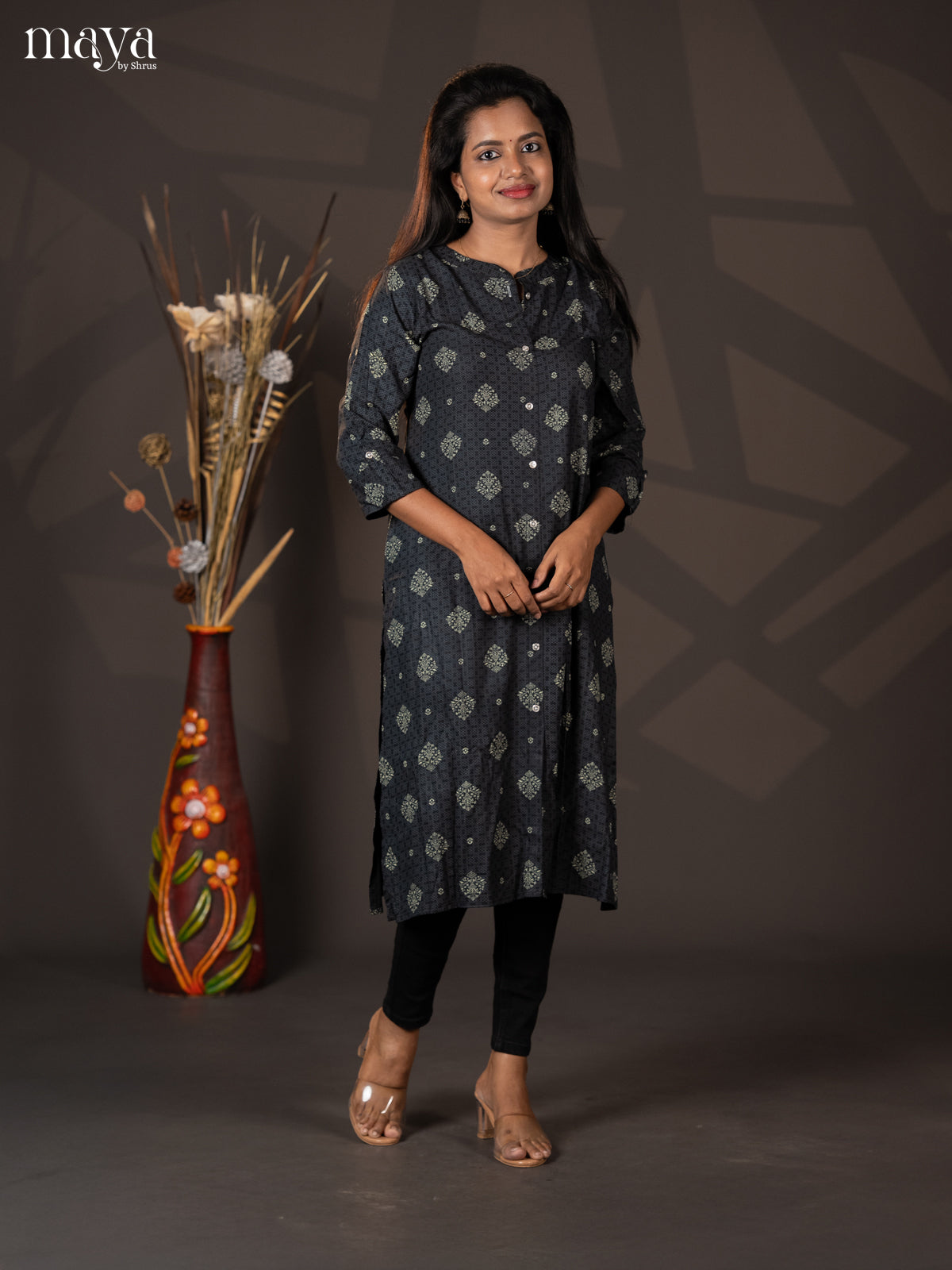 Black Floral Printed Rayon A - Line Kurti