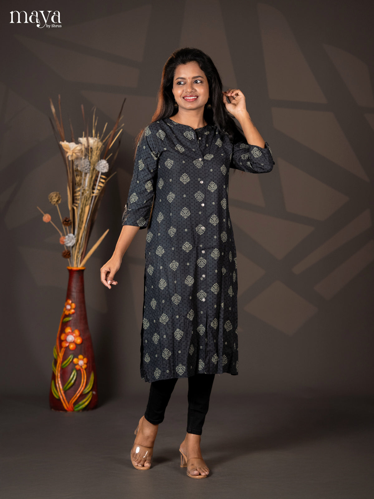 Black Floral Printed Rayon A - Line Kurti