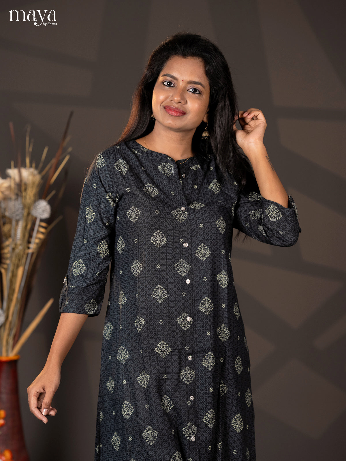 Black Floral Printed Rayon A - Line Kurti