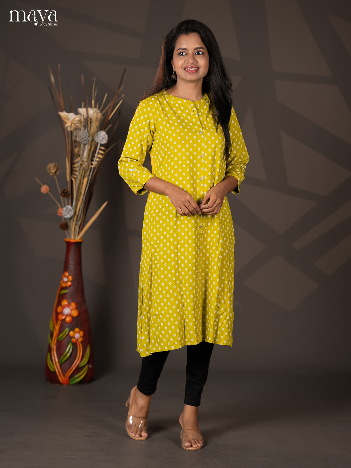 Light Green Floral Printed Rayon A- Line Kurti