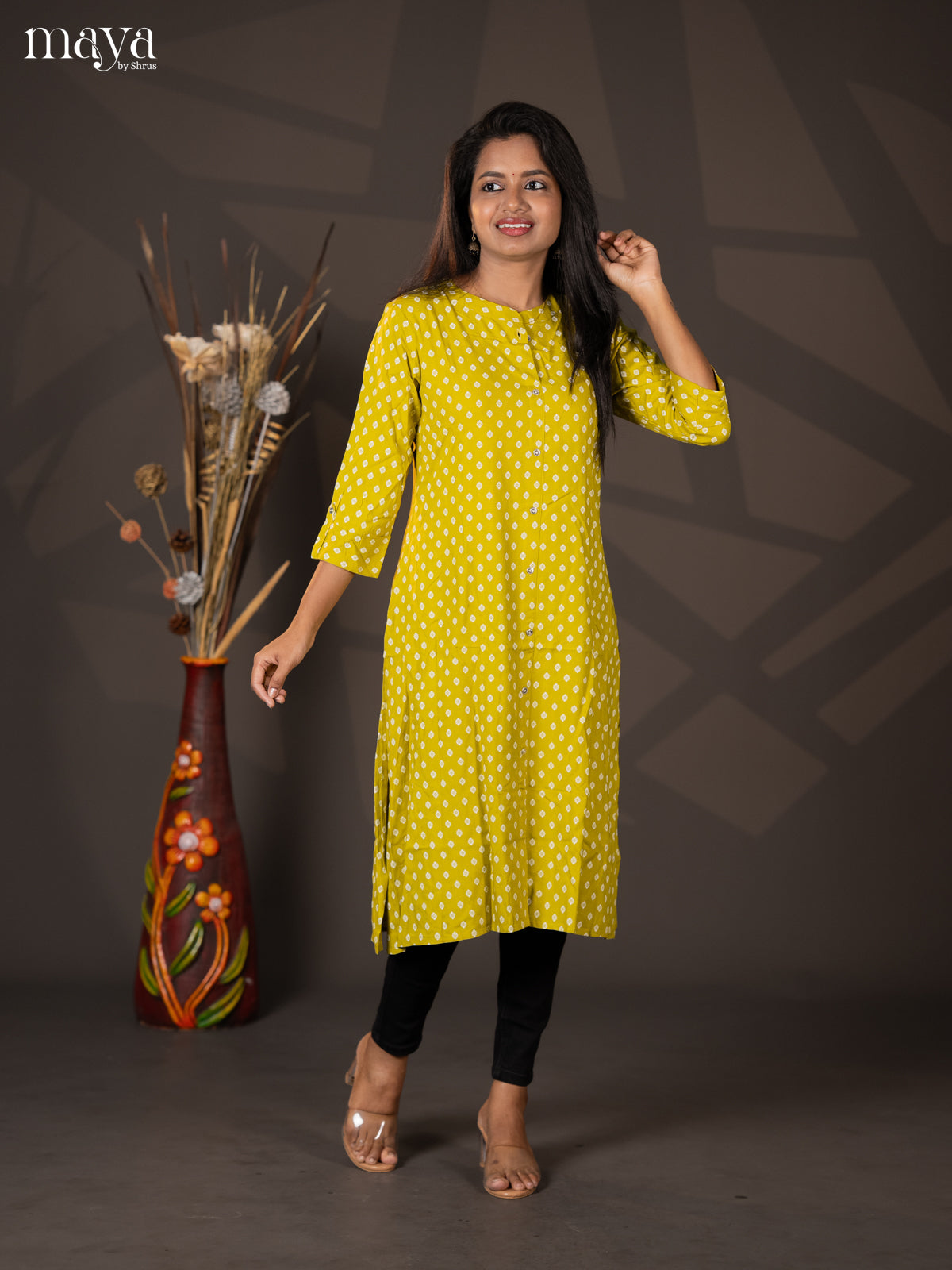 Light Green Floral Printed Rayon A- Line Kurti