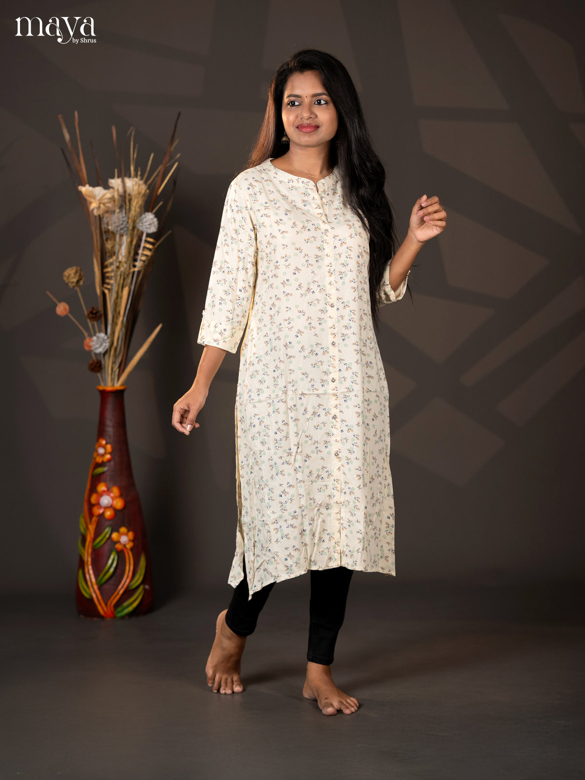 Cream Floral Printed Rayon A -Line Kurti