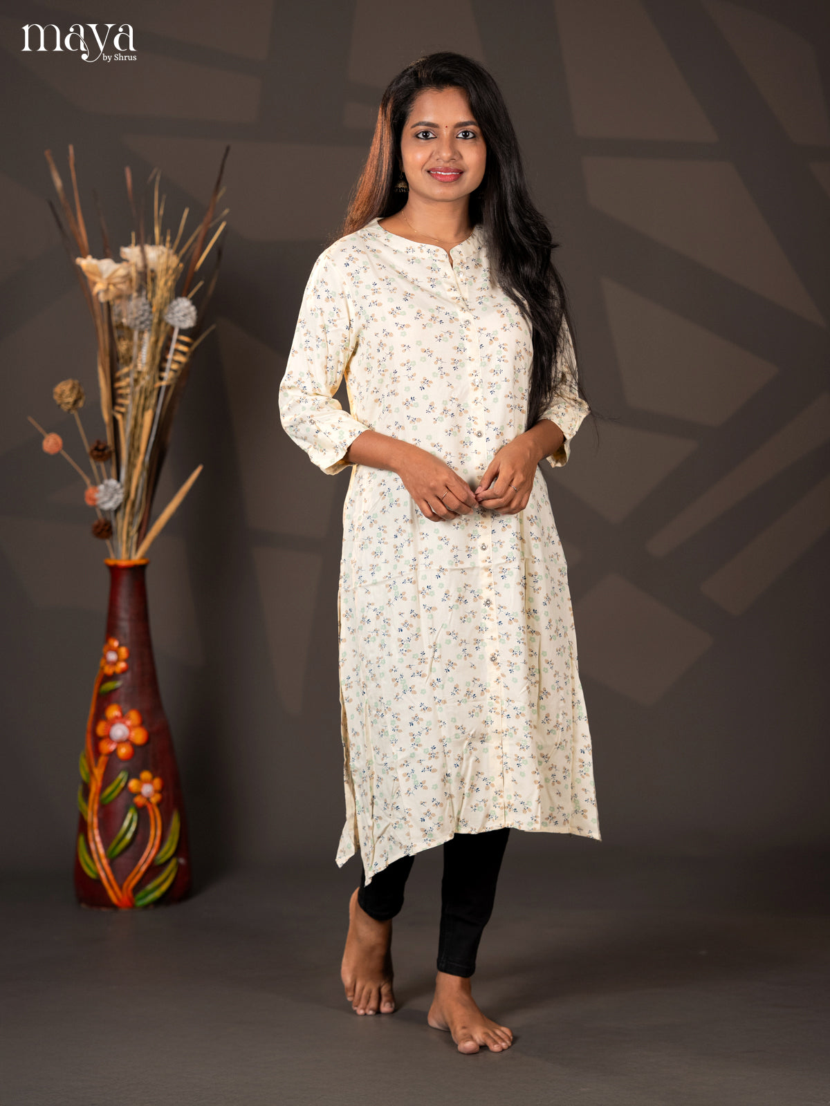 Cream Floral Printed Rayon A -Line Kurti
