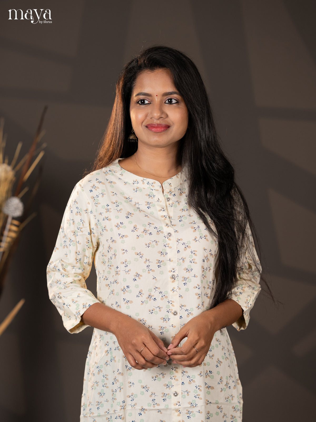 Cream Floral Printed Rayon A -Line Kurti