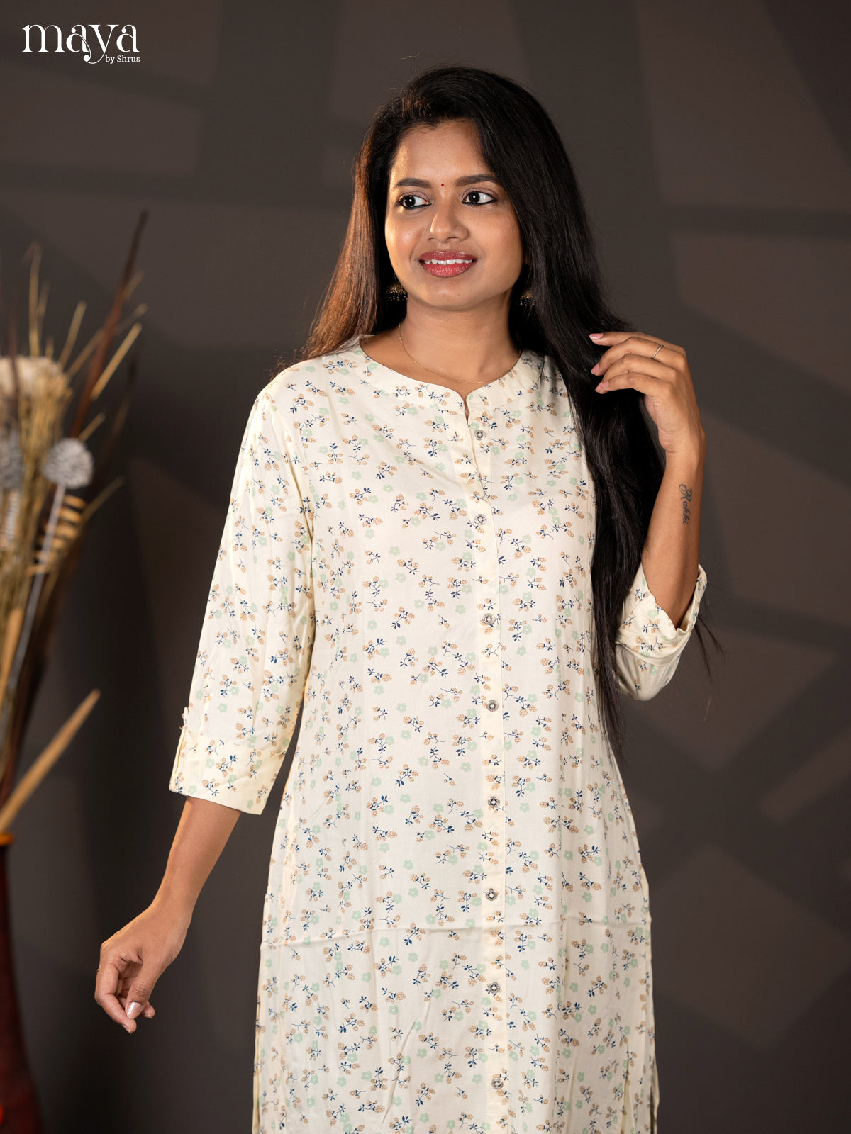Cream Floral Printed Rayon A -Line Kurti