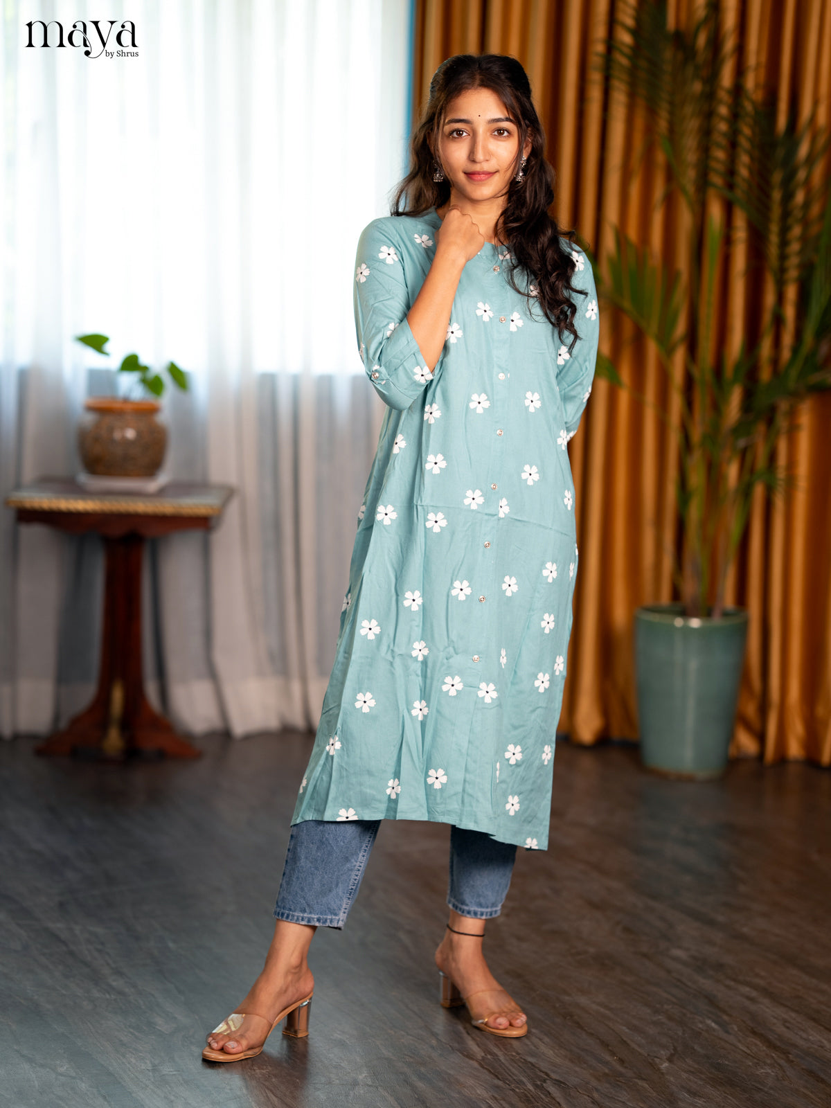 Pastel Blue Flroal Printed Rayon A - Line Kurti