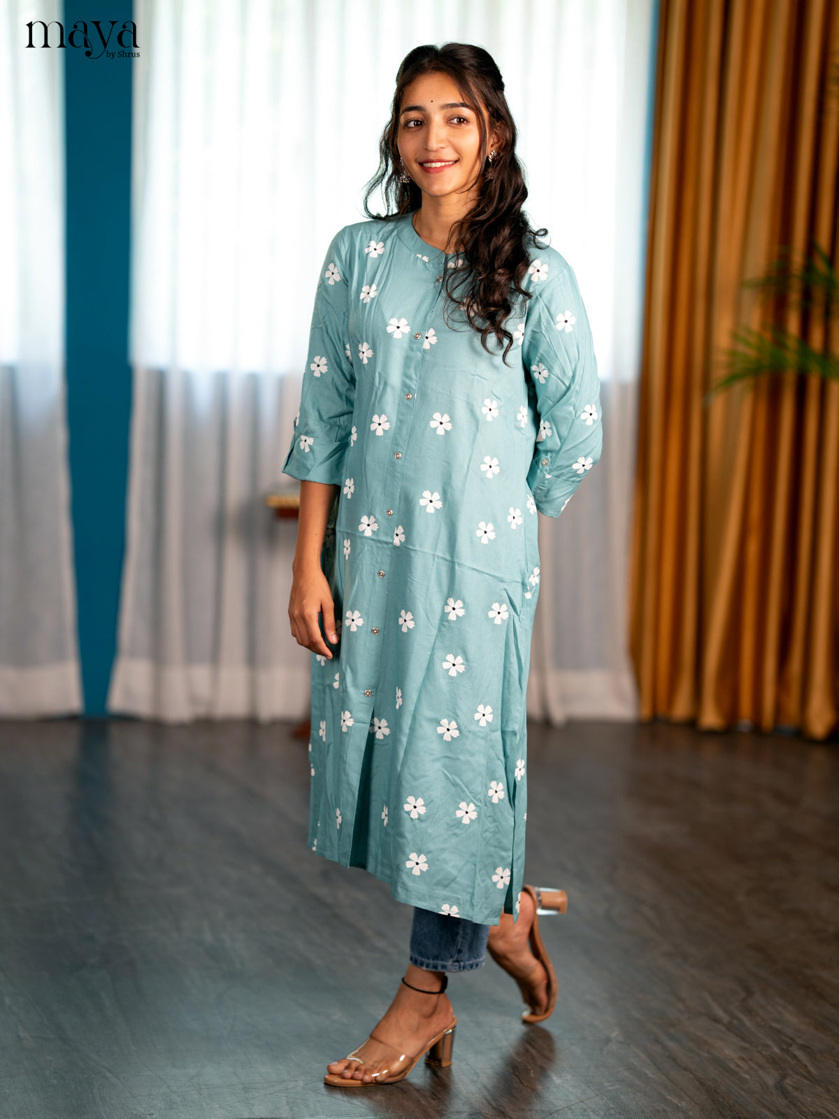 Pastel Blue Flroal Printed Rayon A - Line Kurti