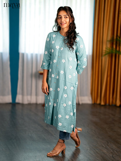 Pastel Blue Flroal Printed Rayon A - Line Kurti