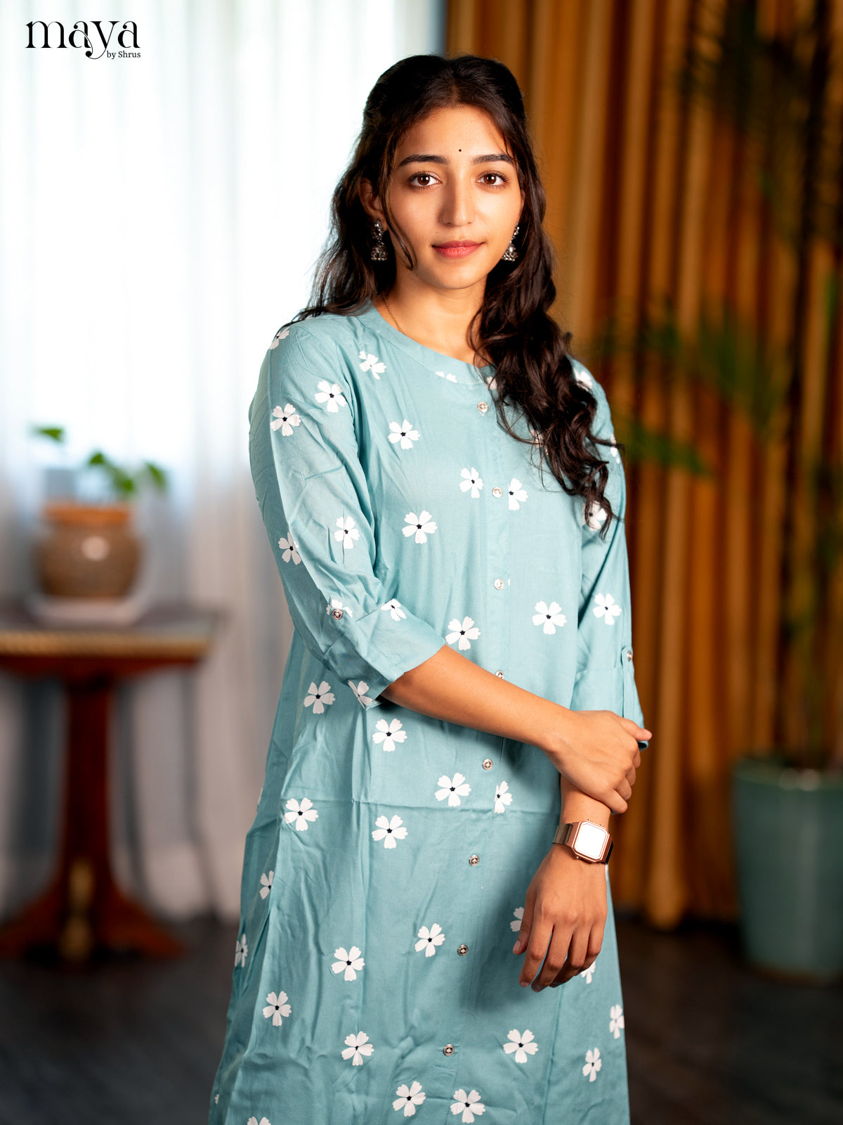 Pastel Blue Flroal Printed Rayon A - Line Kurti