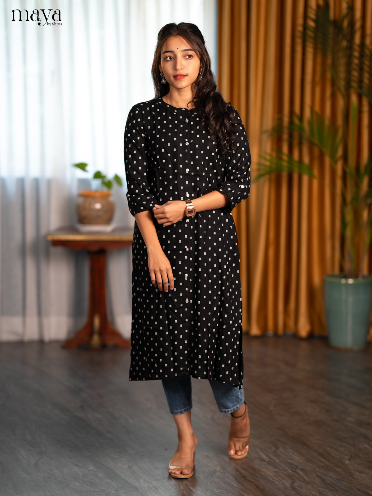 Black Floral Printed Rayon A - Line Kurti