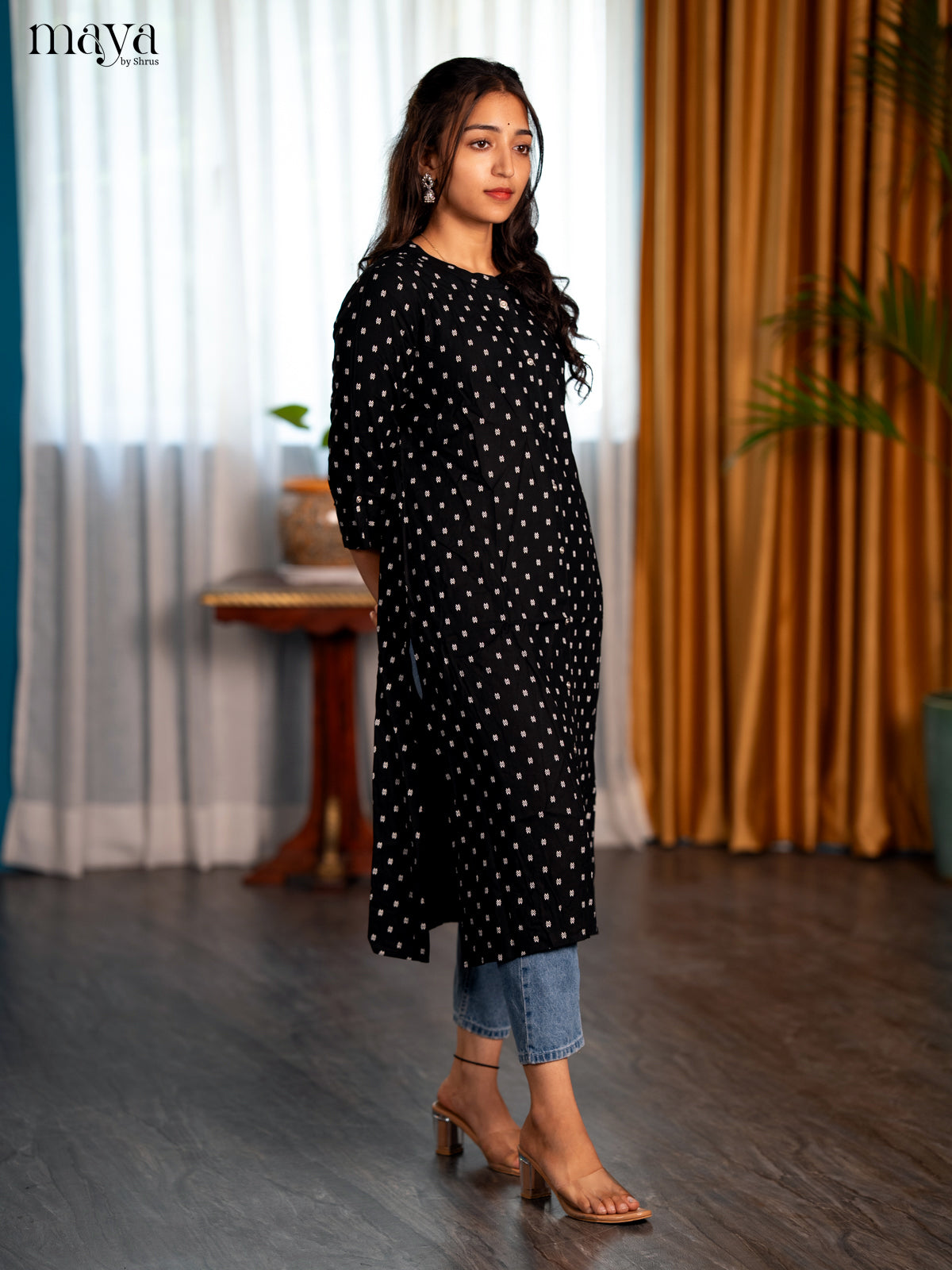 Black Floral Printed Rayon A - Line Kurti