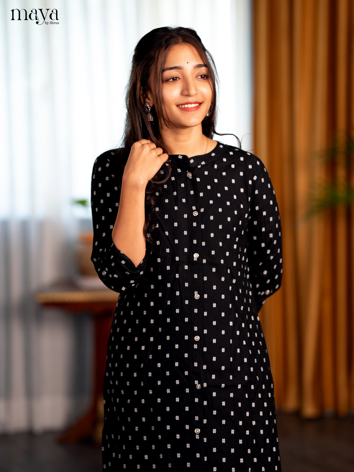 Black Floral Printed Rayon A - Line Kurti