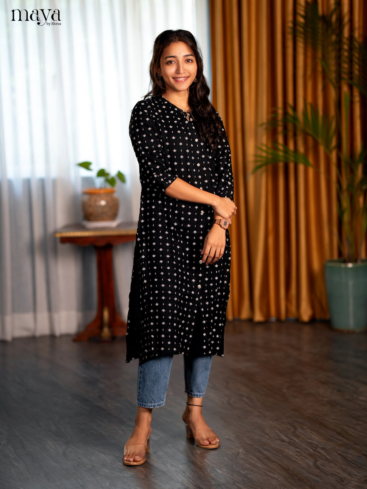 Black Motif Printed Rayon A - Line Kurti