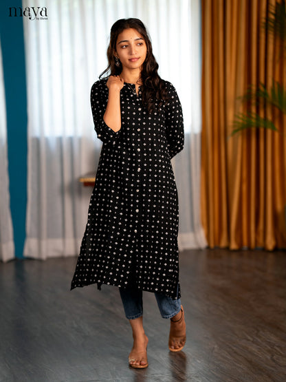 Black Motif Printed Rayon A - Line Kurti