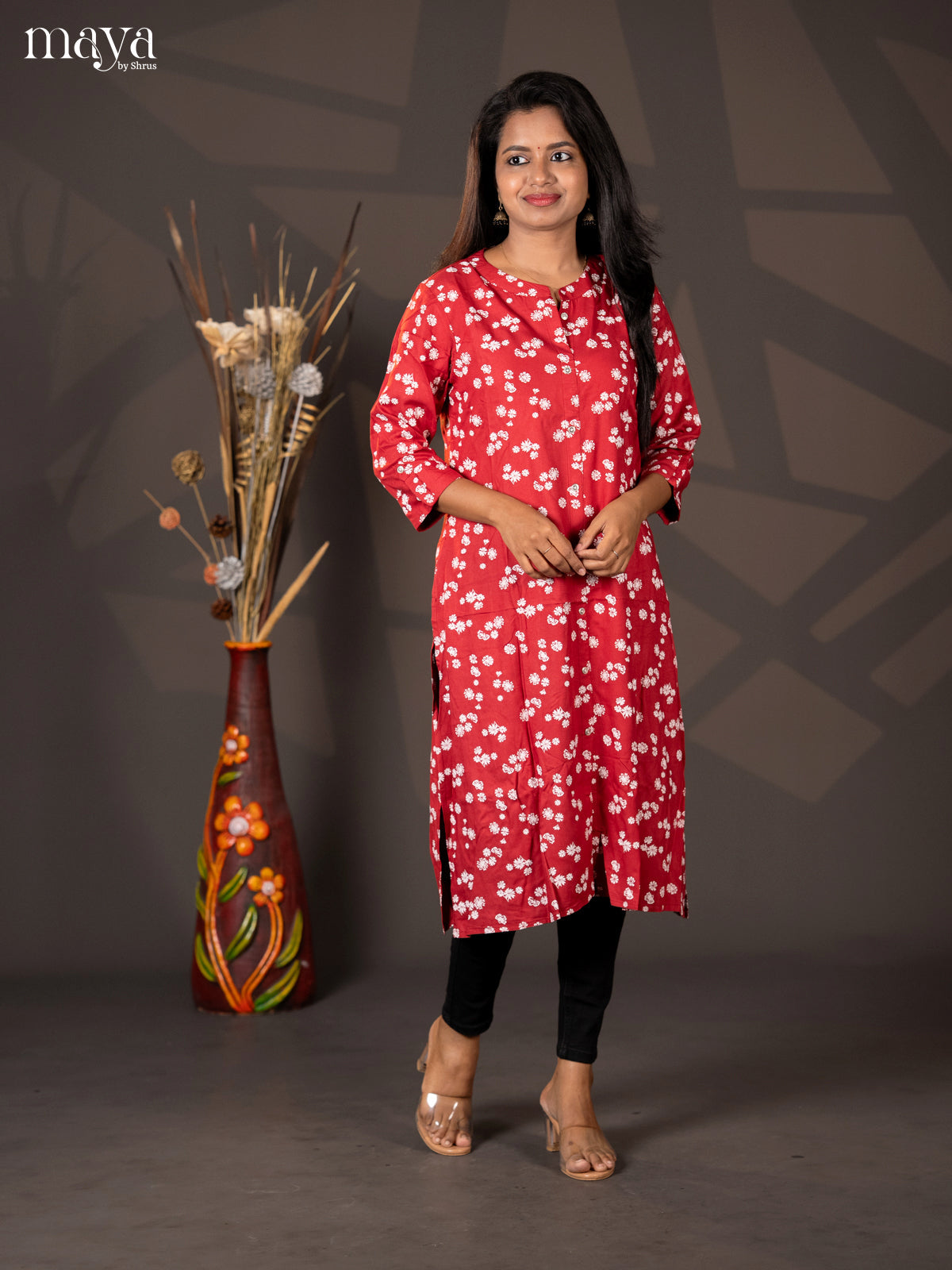 Dark red Floral Printed Rayon A- Line Kurti