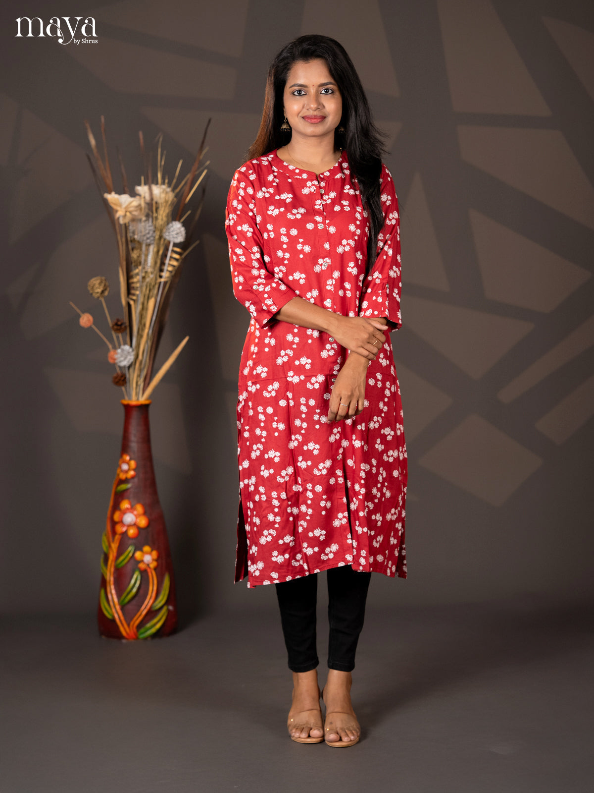 Dark red Floral Printed Rayon A- Line Kurti