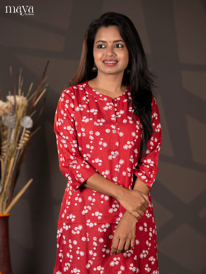 Dark red Floral Printed Rayon A- Line Kurti