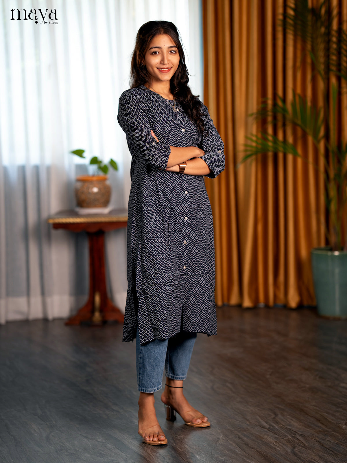 Dark Navy Blue Geometric Printed Rayon A- Line Kurti