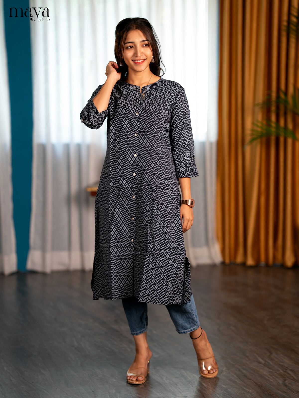 Dark Navy Blue Geometric Printed Rayon A- Line Kurti