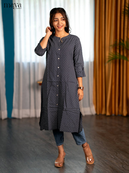 Dark Navy Blue Geometric Printed Rayon A- Line Kurti