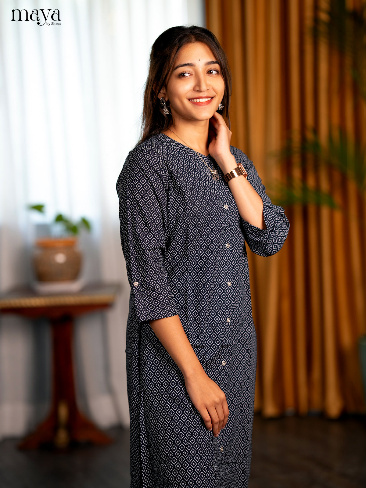 Dark Navy Blue Geometric Printed Rayon A- Line Kurti