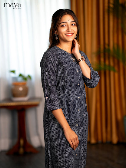 Dark Navy Blue Geometric Printed Rayon A- Line Kurti