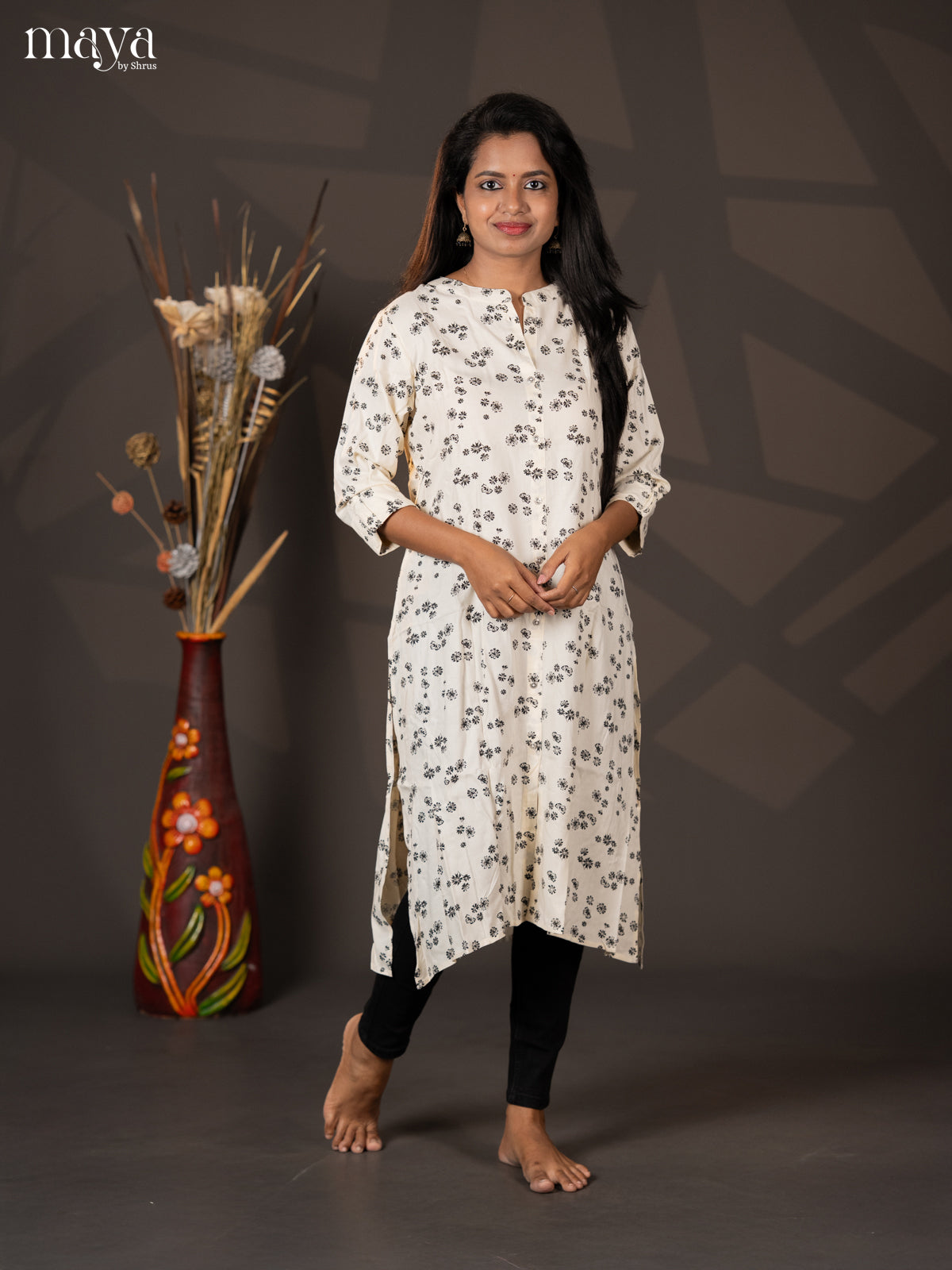 Cream Floral Printed Rayon A- Line Kurti