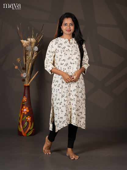 Cream Floral Printed Rayon A- Line Kurti
