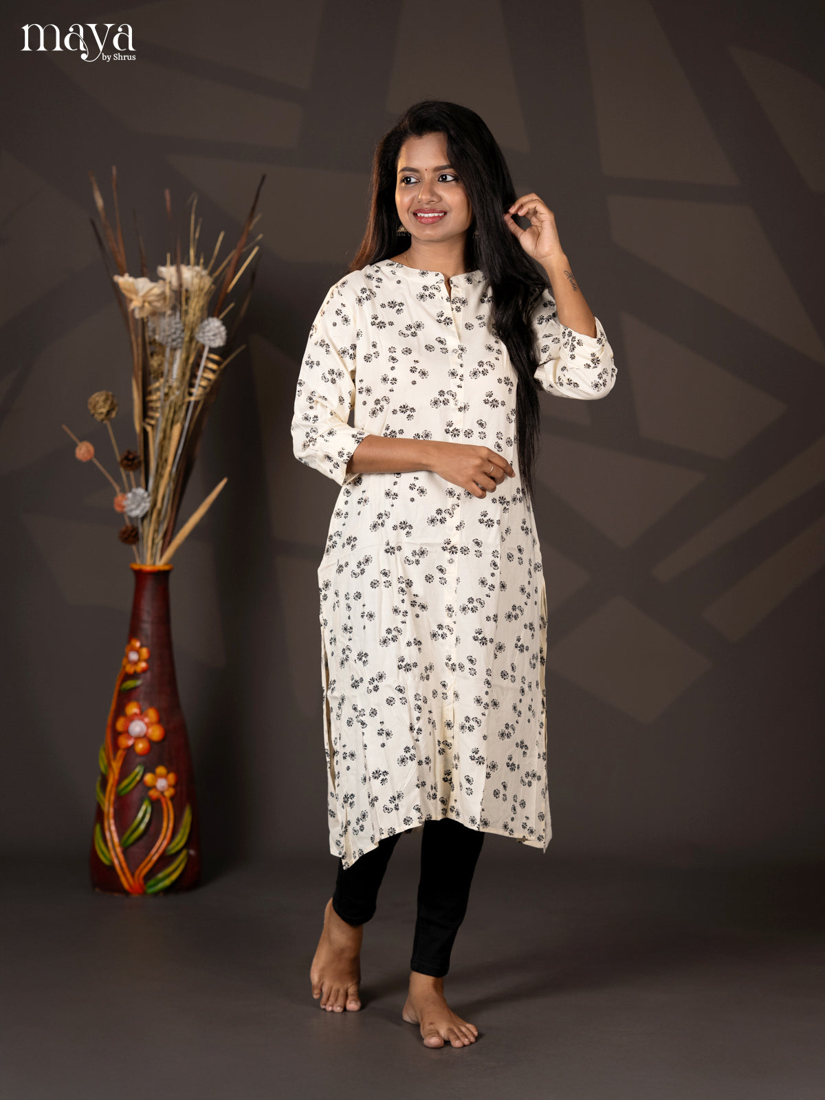Cream Floral Printed Rayon A- Line Kurti
