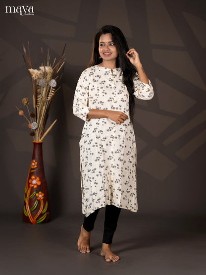 Cream Floral Printed Rayon A- Line Kurti