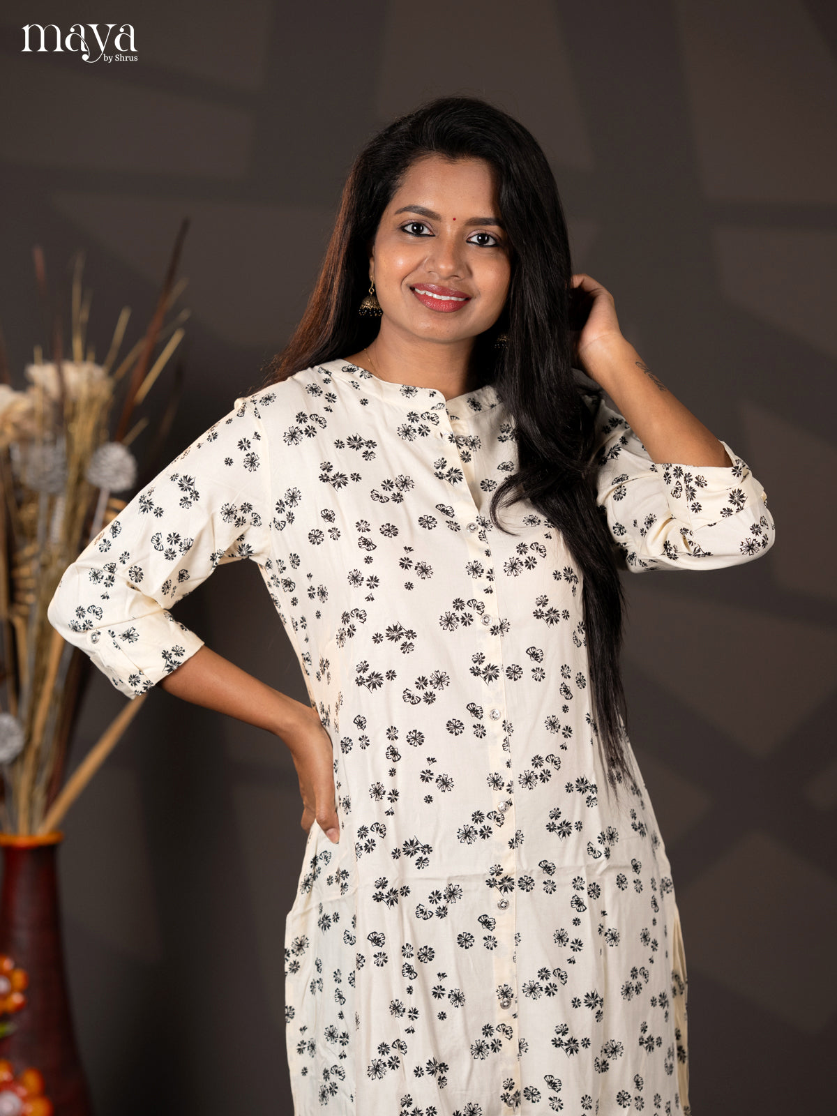 Cream Floral Printed Rayon A- Line Kurti