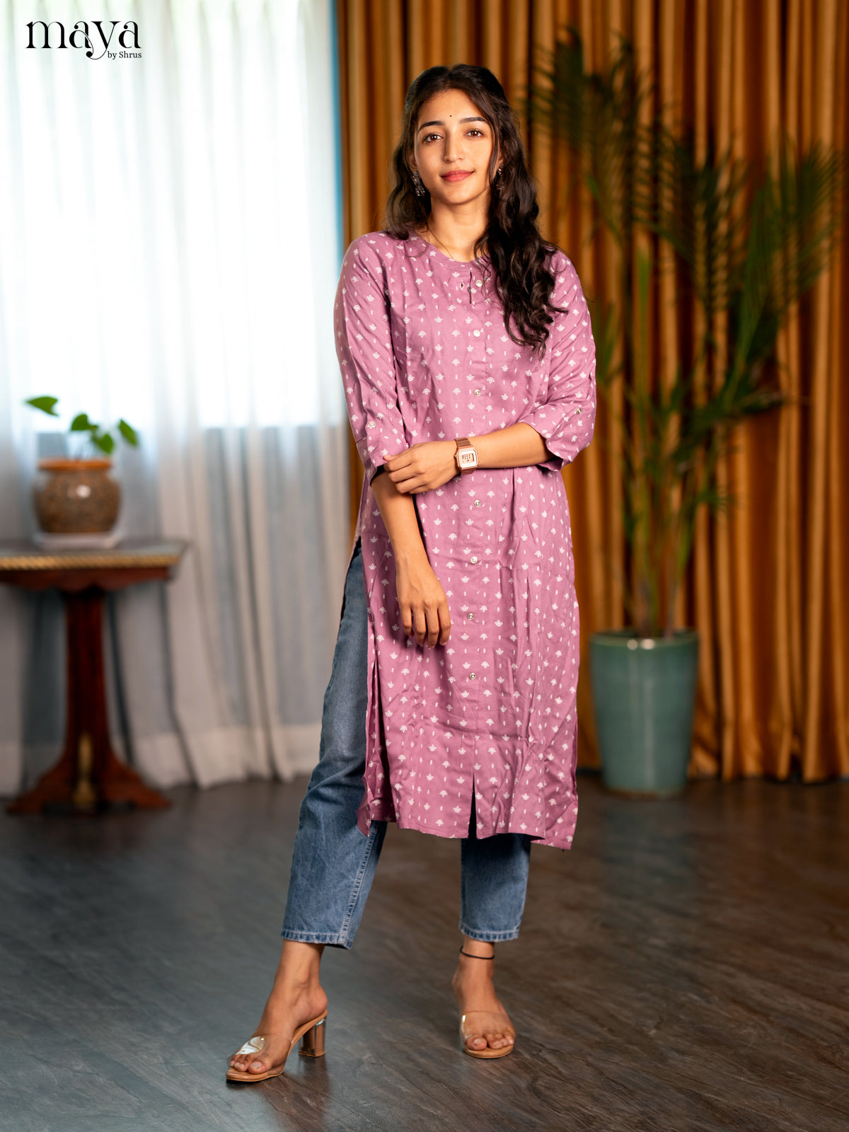 Onion Pink Motif Printed Rayon A - Line Kurti