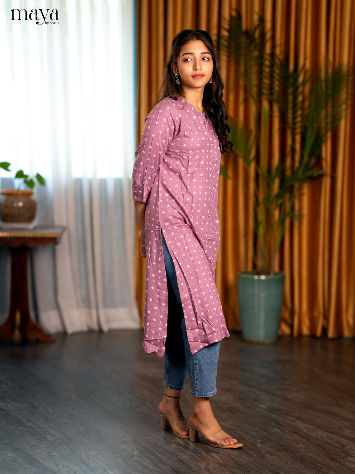Onion Pink Motif Printed Rayon A - Line Kurti