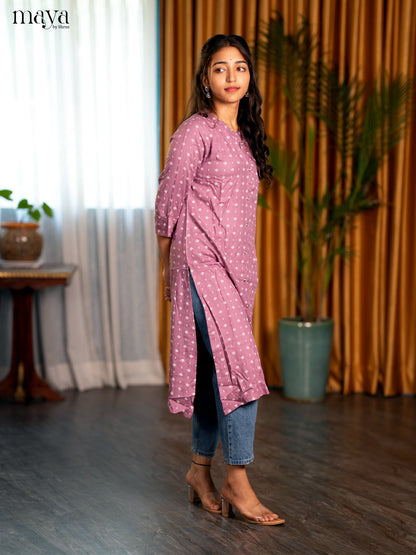 Onion Pink Motif Printed Rayon A - Line Kurti
