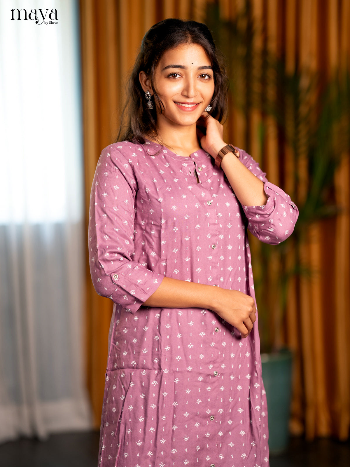 Onion Pink Motif Printed Rayon A - Line Kurti